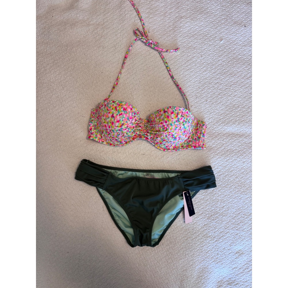 Victoria's Secret Bikini Set 34C M Confetti Push Up Top Olive Green Bottoms